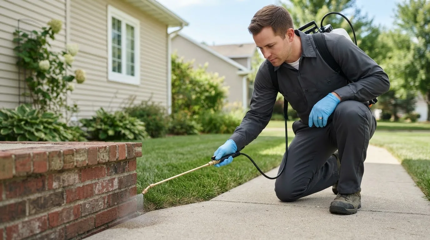 Pest control technician treating a home near Holyoke, CO